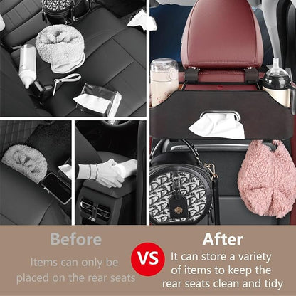 Backseat Car Organizer with 2 Drink Cup Holder - Tissue Holder - Car Seat Hooks for Headrest - Multi-functional Storage for Travel - Perfect for Kids, Adults(Black)