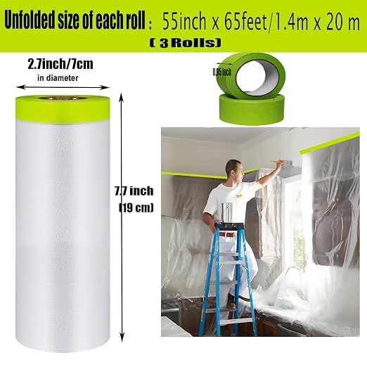 Painters Tape and Drape, 3 Rolls Automotive Painters Tape and Plastic Film, Paint Covering Roll for Cars and Auto Body (55in X 65-Feet)