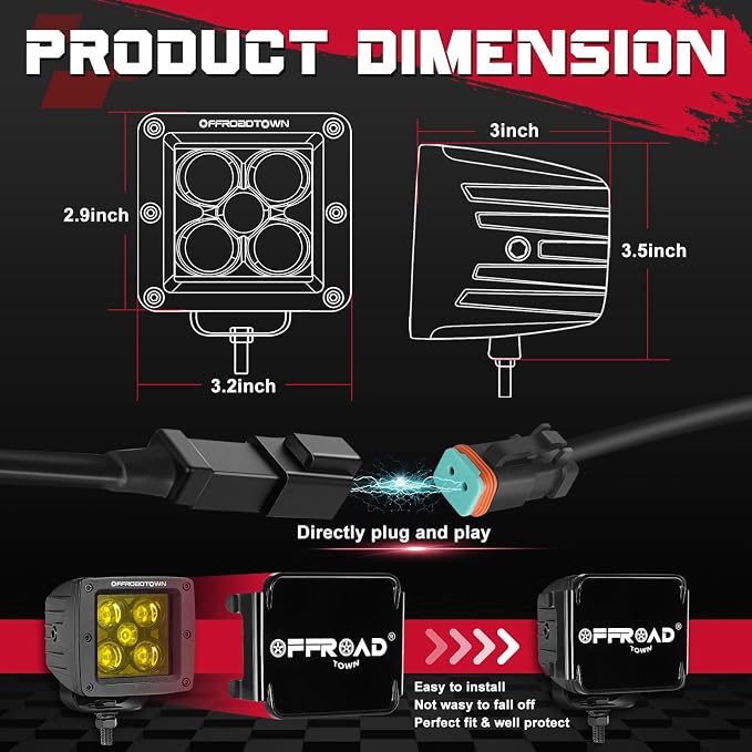 OFFROADTOWN LED Cubes 3" 100W CREE Yellow LED Pods with Wiring Harness & Cover Spot Beam Off Road Driving Ditch Lights Amber Fog Lights for Trucks UTV ATV SUV Motorcycle Boat