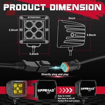 OFFROADTOWN LED Cubes 3" 100W CREE Yellow LED Pods with Wiring Harness & Cover Spot Beam Off Road Driving Ditch Lights Amber Fog Lights for Trucks UTV ATV SUV Motorcycle Boat
