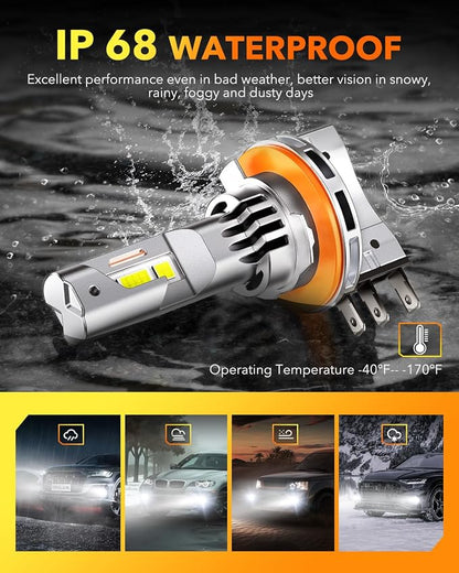 OXILAM H15 DRL LED Bulbs, 1100% Brighter 6500K Cool White, 1:1 Mini Size, CANbus Ready No Flicker, IP68 Waterproof, Plug and Play, Pack of 2