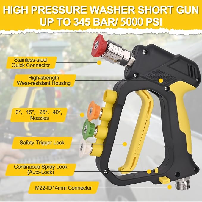 BEAR FORCE High Pressure Washer Short Spray Gun Inlet M22-ID14mm Max 5000 PSI with Nozzle Tips Holder & M22-15mm Connector & 3/8'' Quick Connector Swivel, Power Washer Gun Compatible with Foam Cannon