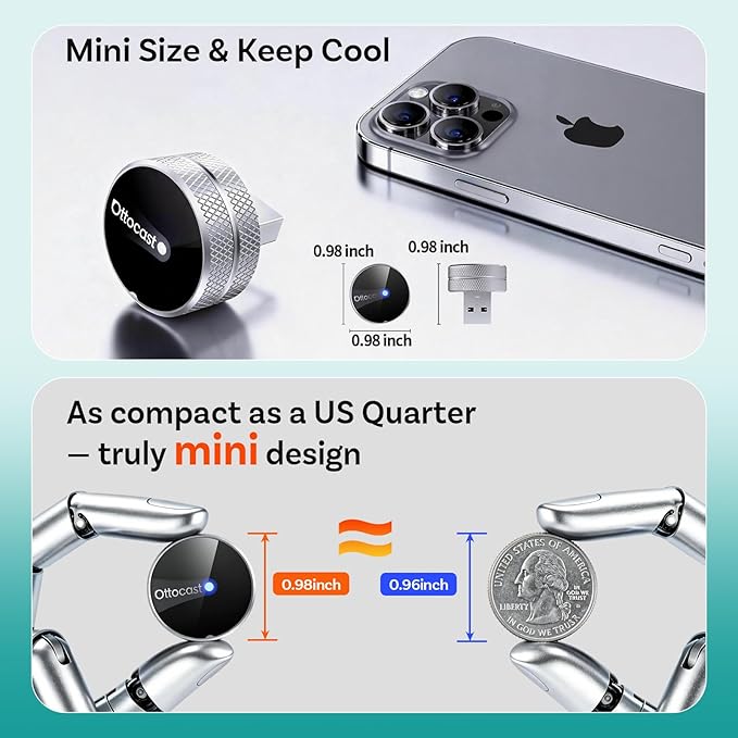 OTTOCAST Mini Tube 2026 Wireless CarPlay & Android Auto Adapter, 5GHz WiFi Auto Connect, Plug & Play for iPhone & Android, Stable Performance, Premium Aluminum Design