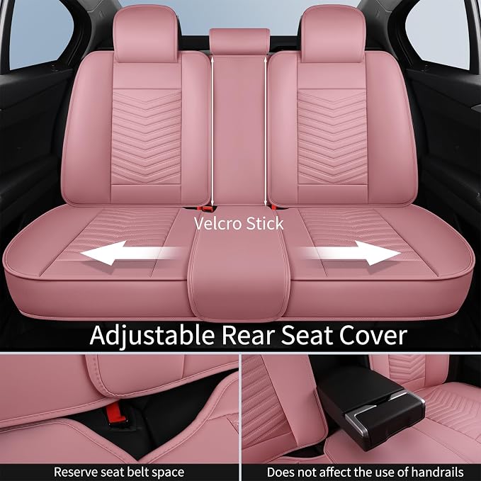 HChengkikz Nappa Leather Car Seat Covers Full Set, Pink Car seat Protector 5 Seats, Waterproof Car Seat Cushion, Universal Automotive Seat Covers Fit for SUV Truck Pick-up Sedan, Front and Rear