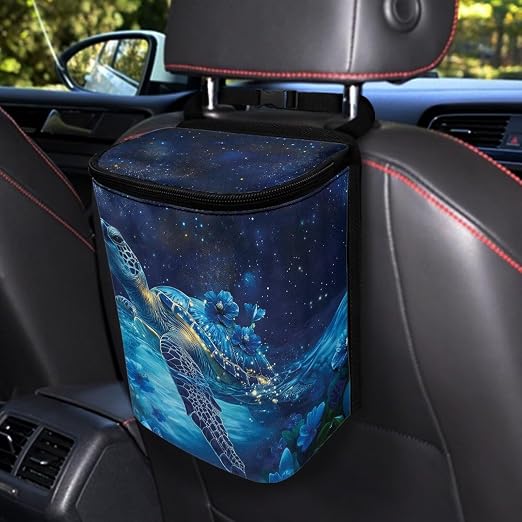 Talayituse Turtle Daisy Galaxy Print Car Trash Bin, Large Size Auto Trash Can Adjustable Portable Garbage Can with Lid, Vehicle Hanging Bag for Headrest Front Back Seat