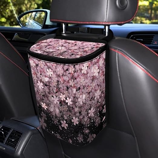 Talayituse Cherry Blossom Print Car Trash Can with Lid, Leak Proof Auto Trash Bag Hanging Vehicle Garbage Can Multipurpose Storage Container for Back Seat Road Trip