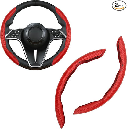 Carbon Fiber Steering Wheel Cover, 2-Piece Set Anti-Skid Comfortable Grip Segmented Butterfly Design, Easy Snap-On Installation Universal Fit 99% Cars, Red