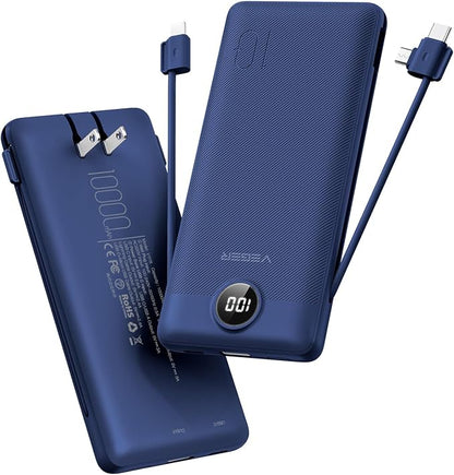 VEGER Portable Charger with Built-in AC Plug and Cables, All in One 10000mAh Ultra Slim Power Bank Emergency Fast Charging for Travel Battery Pack Compatible with iPhone, Samsung, Android, Navy