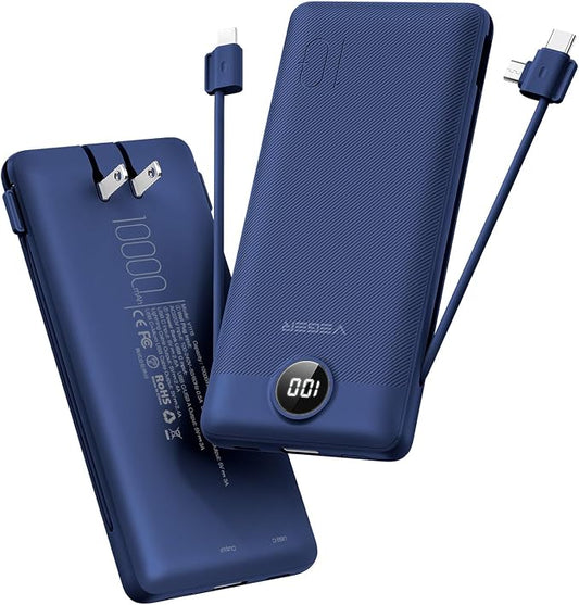 VEGER Portable Charger with Built-in AC Plug and Cables, All in One 10000mAh Ultra Slim Power Bank Emergency Fast Charging for Travel Battery Pack Compatible with iPhone, Samsung, Android, Navy