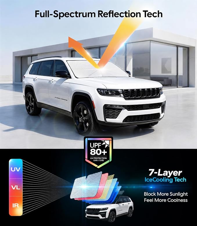 Wigoo Windshield Sun Shade Umbrella for Jeep Grand Cherokee 2011-2026 [100% Sun Blockage, Ice Cooling Fabric] Foldable Front Window Sunshade Umbrella for Jeep Grand Cherokee 2011-2026