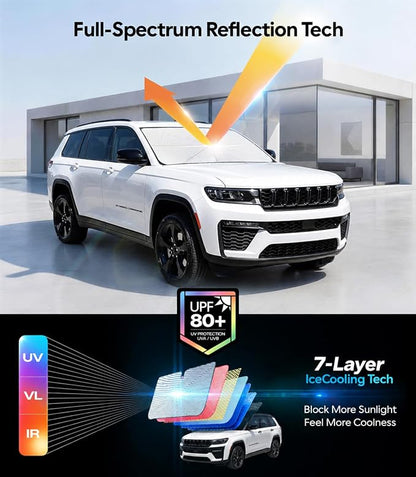 Wigoo Windshield Sun Shade Umbrella for Jeep Grand Cherokee 2011-2026 [100% Sun Blockage, Ice Cooling Fabric] Foldable Front Window Sunshade Umbrella for Jeep Grand Cherokee 2011-2026