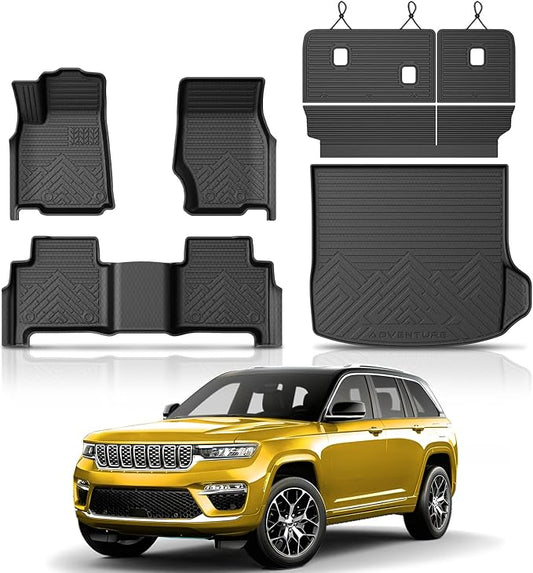 KUST Floor Mats for 2022-2026 Jeep Grand Cherokee Accessories 5 Seats (Include 4XE, Not for WK & L), All Weather Floor Liners & Cargo Trunk Mat & Rear Backrest Mats, TPE Rubber, Raised Edge