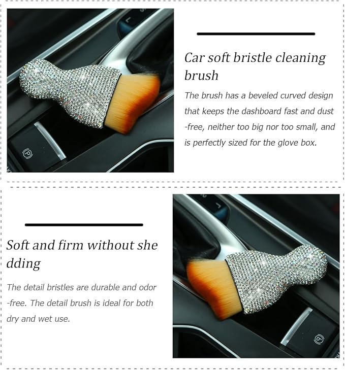 Bling Car Interior Dust Brush, Crystal Rhinestone Soft Auto Detailing Cleaning Brush, Sparkling Diamond Vehicle Dashboard Air Vent Cleaner for Women Girls, Universal for Vehicles (White)