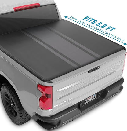 Racing Stripe Tonneau Cover Soft Roll-up Truck Bed Protector All Weather Retractable for Chevrolet Chevy Silverado 1500 2019-2026 and GMC Sierra 1500 19-26 Short Bed 5.8 ft Black/Gray