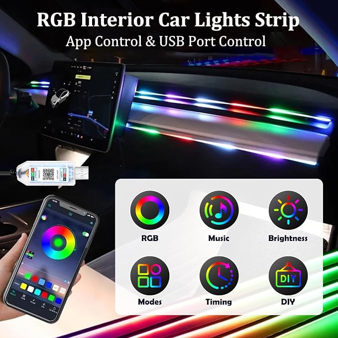 YUGUANG 43.3inch Interior Car Lights Strip, Dynamic Dreamcolor Chasing App Control Music Sync USB Powered RGB Acrylic LED Ambient Lighting Kit for Car Trucks SUV