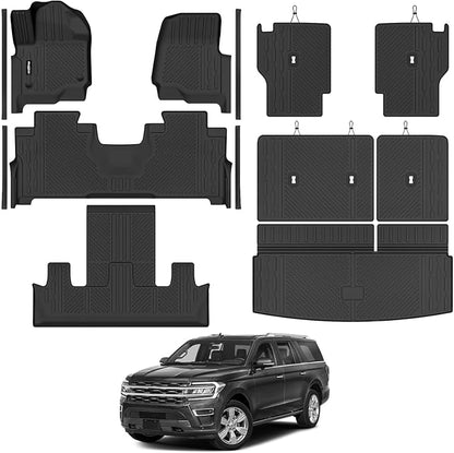 Floor Mats for 2018-2024 Ford Expedition 7 Seats/Captain Chairs, Trunk Mat and 2nd/3rd Backrest Mat & Door Sill Guard All Weather TPE Protector for Ford Expedition Accessories