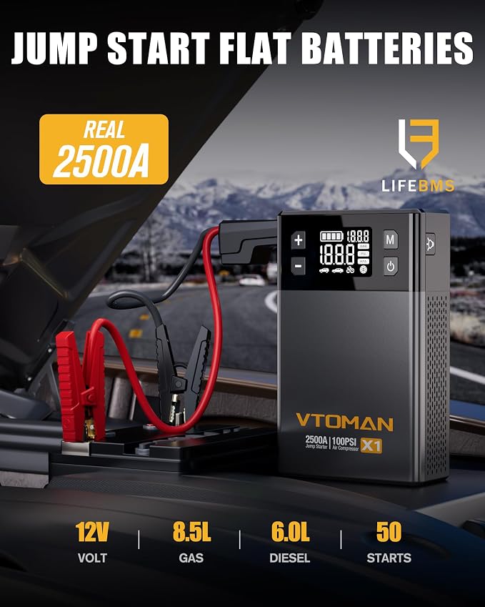 VTOMAN X1 Jump Starter with Air Compressor, Car Battery Jumper Starter (2500A, Up to 8.5L Gas/6L Diesel Engine) with 150PSI Auto Tire Inflator, 12V Portable Booster Pack, Lithium Jump Box Charger-Gray