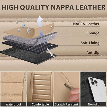 CAR PASS Nappa Leather Car Seat Covers Front Seats, Luxury Seat Protector for Cars, Waterproof Anti-Slip Seat Cushion Airbag Compatible Universal for Sedan SUV Pick-up Truck Automotive Vehicle, Beige