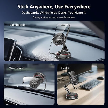 SYNCWIRE for MagSafe Car Mount [3-Axis] Nano Adhesive Gel + Strong Suction Cup Magnetic Phone Holder for Dashboard & Windshield, 360° Adjustable for iPhone 17 16 15 14 13 12, Samsung, Carbon Fiber