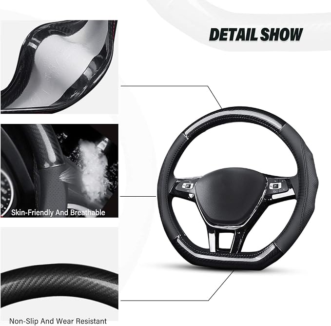Ergocar Car Steering Wheel Cover Non-Slip Car Steering Wheel Protector Sport D-Shape Carbon Fiber & First Layer Cowhide Universal for Diameter 38cm(15") (D-Black-Blue)