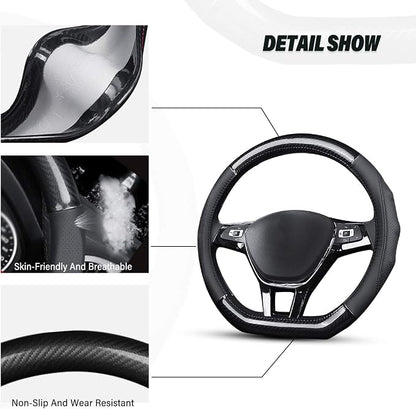 Ergocar Car Steering Wheel Cover Non-Slip Car Steering Wheel Protector Sport D-Shape Carbon Fiber & First Layer Cowhide Universal for Diameter 38cm(15") (D-Black-Blue)
