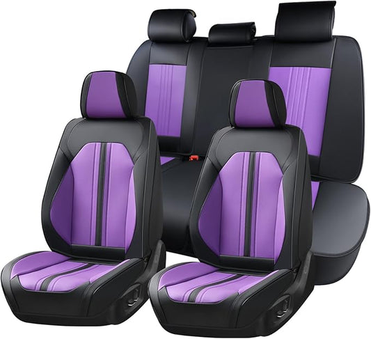 Huidasource Universal Car Seat Cover, Luxury Faux Leather Car Seat Cover Set Velcro Adjustable with Airbags, Thinning Design Perforation Cooling＆Heating Fit for Most Cars Vans Trucks SUVs Black&Purple