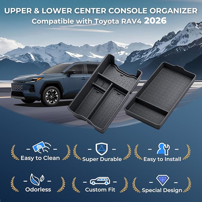 Center Console Organizer Storage Box & Armrest Bottom Mat for Toyota RAV4 2026, Interior Accessories Armrest Insert Tray Storage Box for 2026 RAV 4, Black