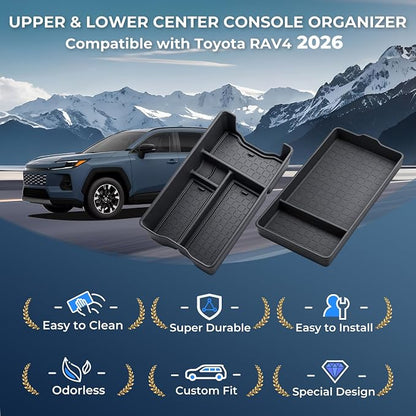 Center Console Organizer Storage Box & Armrest Bottom Mat for Toyota RAV4 2026, Interior Accessories Armrest Insert Tray Storage Box for 2026 RAV 4, Black
