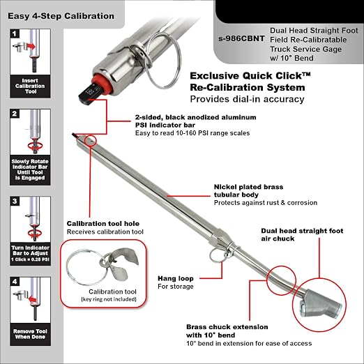 Calibratable Tire Pressure Service Gauge, w/Bent Extended Dual Head Straight Foot Chuck, 10-160 PSI