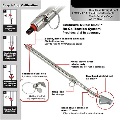 Calibratable Tire Pressure Service Gauge, w/Bent Extended Dual Head Straight Foot Chuck, 10-160 PSI