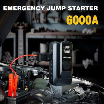 Jump Starter 6000A Car Jumper Starter Portable with 150PSI Tire Inflator, Battery Jumper Starter Portable, Air Compressor, Flashlight and Power Bank