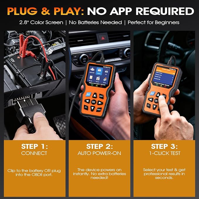 OBD2 Scanner with Battery Tester, 2-in-1 Design 1-Sec Read/Clear Check Engine Code Reader, 12V Car Battery Health & Charging System Analyzer, Universal Auto Diagnostic Tool for 1996+ Cars