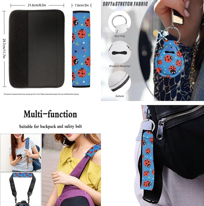 Ladybug Auto Interior Seat Cover 10 Pack, Blue Lady Bug Universal Fit for Most Vehicles, Cartoon Ladybug Dots Split Back Bench Seat Cover Seatbelt Pads Keychain