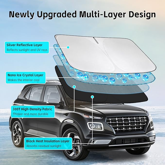 Windshield Sun Shade for Hyundai Venue 2020-2026 Sunshade 300T Windshield Cover Shield Protector Blocks UV Rays Custom Fit Venue Front Window Shades Windshield Accessories Keep Cool Foldable