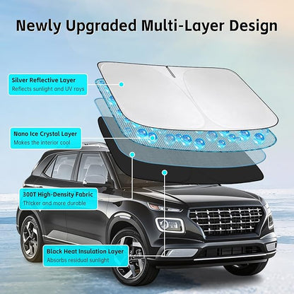 Windshield Sun Shade for Hyundai Venue 2020-2026 Sunshade 300T Windshield Cover Shield Protector Blocks UV Rays Custom Fit Venue Front Window Shades Windshield Accessories Keep Cool Foldable
