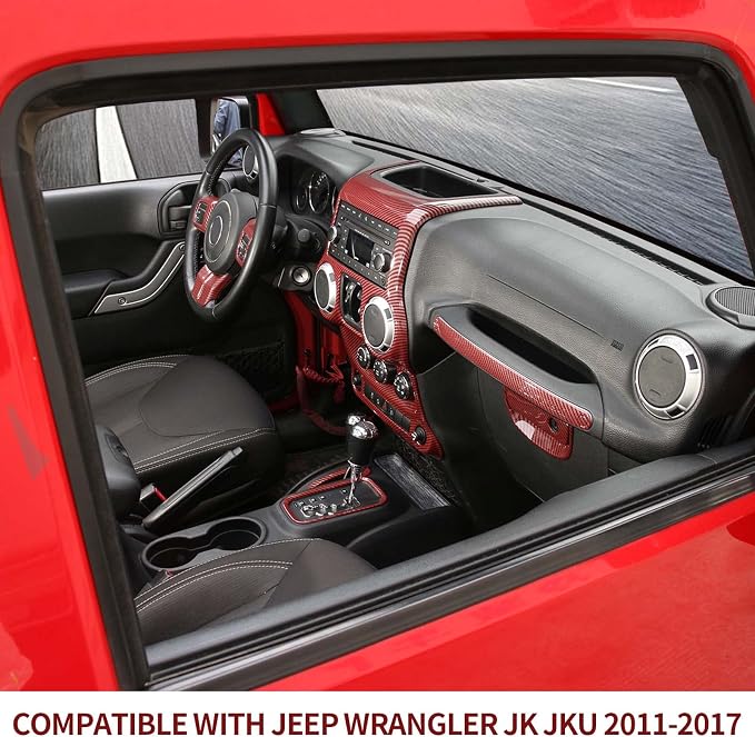 RT-TCZ for Jeep JK Interior Trim Kit Red, JKU Center Console Dashboard Panel Trim Cover for Jeep Wrangler JK JKU 2011-2017 Red ABS Carbon Fiber Interior Accessories 10pcs