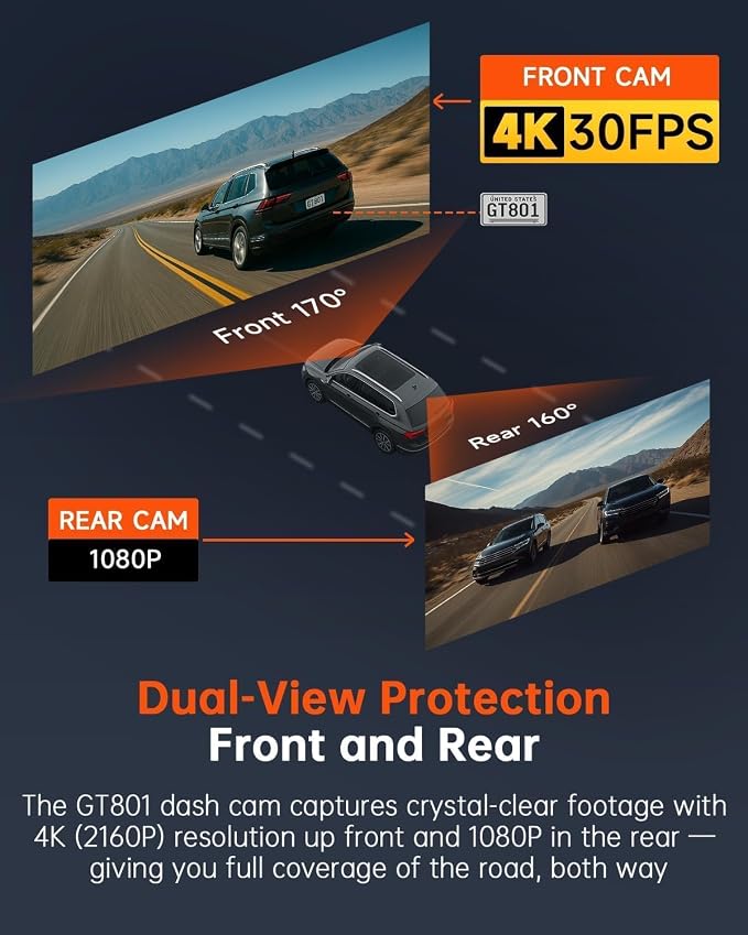 Dash Cam Front and Rear, 4K Ultra HD+1080P Dash Camera for Cars, Built-in Wi-Fi GPS, Included 32GB Card, 2.0'' IPS Screen Mini Car Camera, App, Night Vision, 170°Wide Angle, 24H Parking Mode