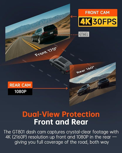 Dash Cam Front and Rear, 4K Ultra HD+1080P Dash Camera for Cars, Built-in Wi-Fi GPS, Included 32GB Card, 2.0'' IPS Screen Mini Car Camera, App, Night Vision, 170°Wide Angle, 24H Parking Mode