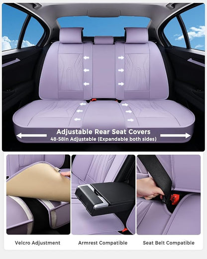 Huidasource Car Seat Covers Full Set, Universal Fit for Most Cars SUV Trucks, Full Coverage Nappa Leather Seat Cover, Airbag, Cupholder Compatible, Velcro Adjustable,Seat Function Retain, Light Purple