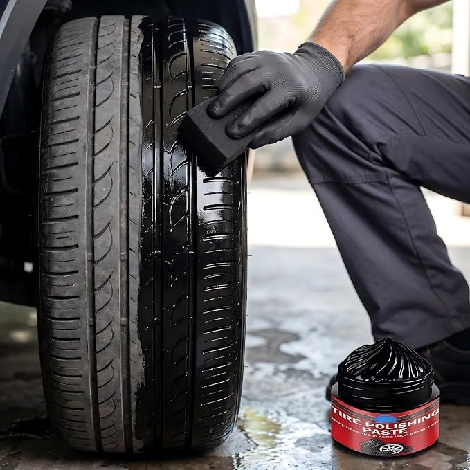 TREBIN Car Tire Shine with Sponge, Tire Coating Paste and Wheel Shine Tire Polishing Paste, Car Polish Tire Wax for Trucks Motorcycles RVs SUV - Long-Lasting Wet Look Finish with UV Protection (50g)