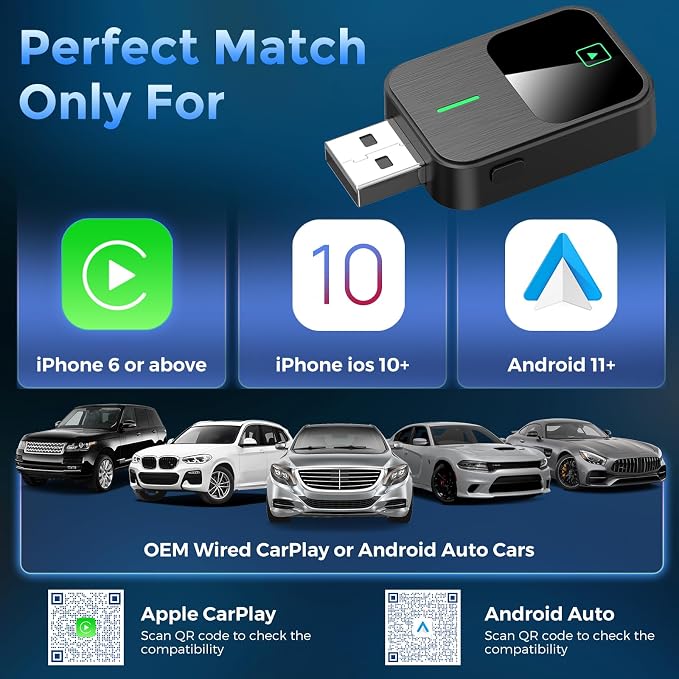 Wireless CarPlay & Android Auto Adapter 2-in-1, Convert Wired to Wireless, Plug & Play CarPlay Dongle, Auto-Connect, No Delay, USB A/Type-C Mini Size Car Play Adapter for Apple iPhone/Android