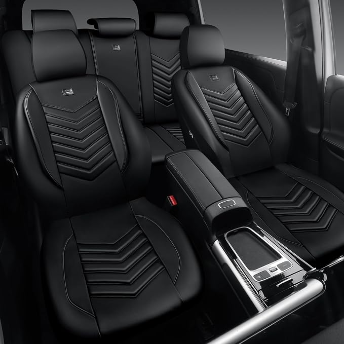 CAR PASS 3D Foam Faux Leather Seat Covers Full Set,Waterproof Leather Seat Cover for Cars,Luxury Universal Fit for SUV Truck Sedan Automotive, Armrest Airbag Compatible Anti-Slip, All Black