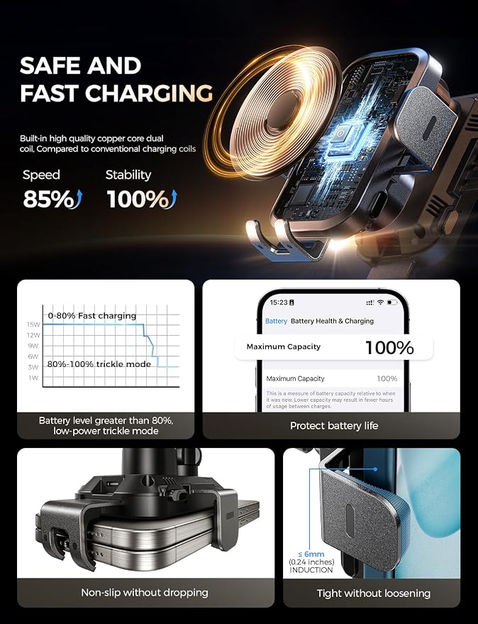 Wireless Car Charger with Phone Holder Mount, 15W Fast Charging Auto Clamping Phone Holders for You Car Windshield Dashboard Air Vent Accessories for iPhone, Samsung Galaxy, Google, etc