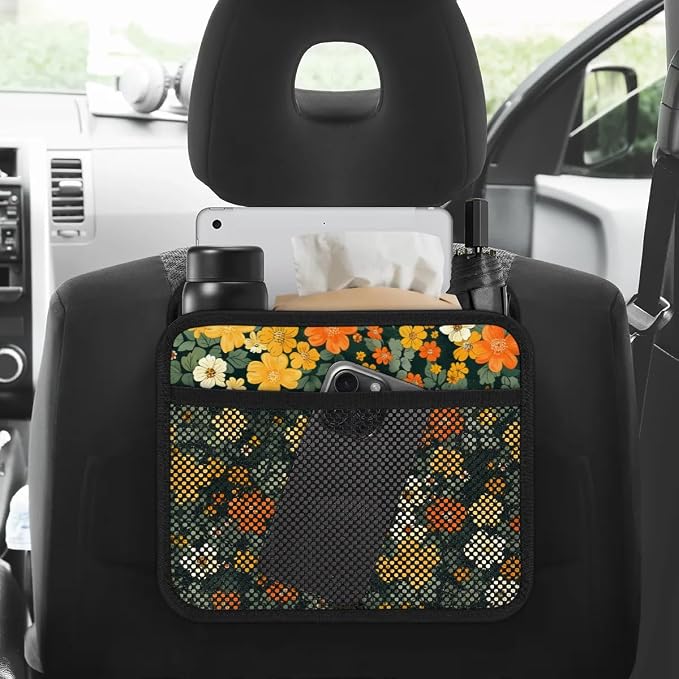 Car Backseat Organizer, PU Leather Back of Seat Cars Hanging Organizer with Pockets Leakproof Car Garbage Bag Hanging Cars Seat Storage Box Travel Accessories Foldable (Flowers Green)