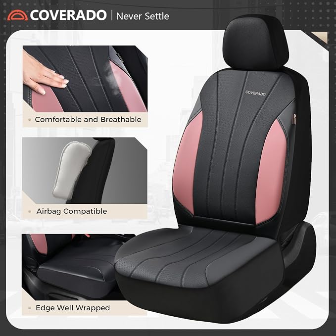 Coverado Automotive Car Seat Covers, Luxury Seat Covers Full Set, Leather Car Seat Protectors with Storage Bags, Pink Driver Seat Covers Universal Fit for SUVs Trucks Sedans