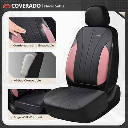 Coverado Car Seat Covers， 2 Front Seats Waterproof Nappa Leather Automotive Seat Protectors, Front Luxury Mesh Seat Covers, All-Weather Universal Fit for Most Cars SUVs, Trucks,Pink&Black