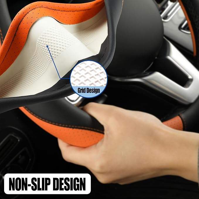 Microfiber Leather D Shaped Steering Wheel Cover, Breathable, Anti Slip, Universal 15 inch, Black with Orange