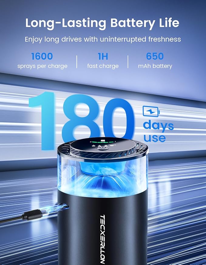 TECXERLLON Smart Car Air Freshener Diffuser with Ambient Light, Oil Level Indicator, 2 Scent Refills, Auto On/Off, 4 Mist Modes, 1600 Sprays Rechargeable Aroma Diffuser for Car, Home, Office, Bedroom