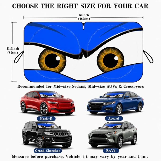 Car Windshield Sun Shade, Blue Monster Style Sun Visor for Windshield, Windshield Cover Universal Fits Mid-Large Sendan SUV Crossover Family Vehicle, UV Heat Protection - 63 x 31.5