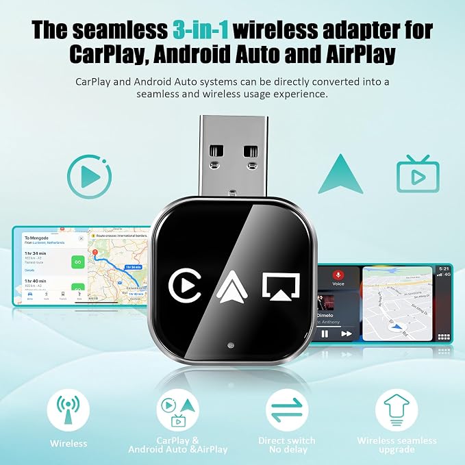 DOITOOL Wireless Car Adapter 3-in-1 Wireless Phone Connector for Car - Screen Mirroring - USB A to C Plug and Play Vehicle Accessories